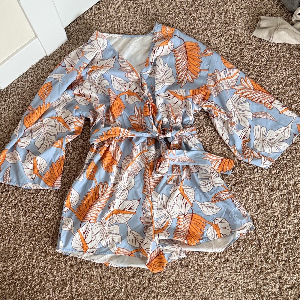 Source Unknown Blue and Orange Leaf Print Romper